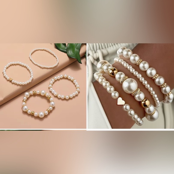 4pcs Elegant Vintage Minimalist CCB Imitation Pearl Beaded Bracelet Set w/Heart - Picture 9 of 9